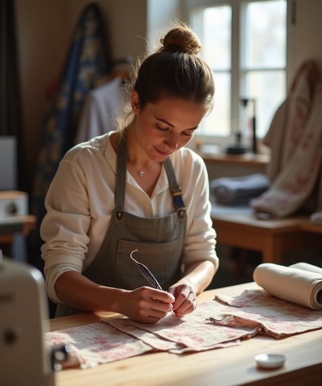 La fondatrice di Sartoria Milano al lavoro nel suo atelier, circondata da tessuti e cartamodelli.