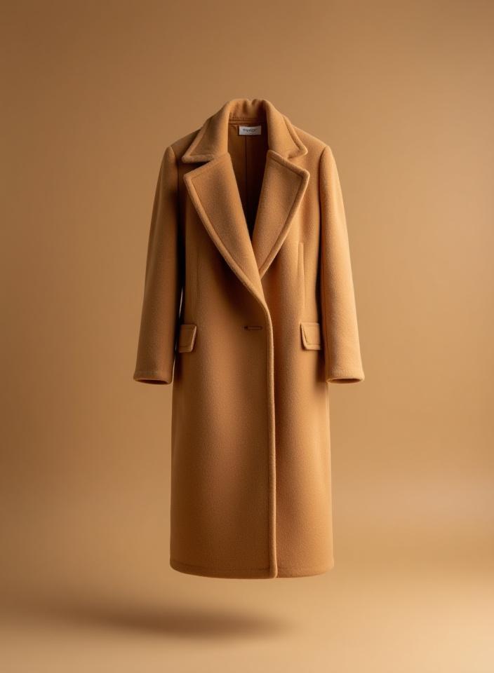 Cappotto lungo in cashmere color cammello.